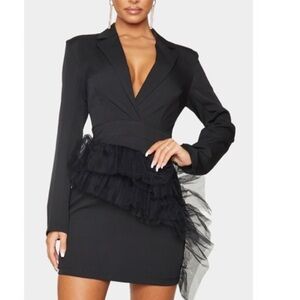 PrettyLittleThing Black‎ Blazer Mini Dress with Ruffle Detail Size 4